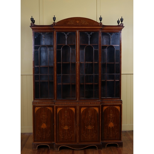 190 - A VERY FINE EDWARDIAN MAHOGANY AND SATINWOOD INLAID BREAKFRONT LIBRARY BOOKCASE in the manner of Edw... 