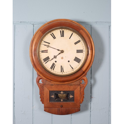 597 - A 19TH CENTURY MAHOGANY WALL CLOCK the circular painted dial with Roman numerals above a shaped case... 