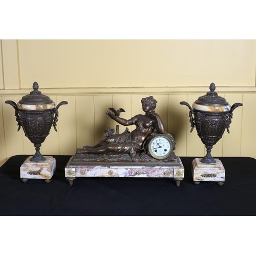 343 - A 19TH CENTURY GILT SPELTER AND MARBLE CLOCK GARNITURE the circular painted dial flanked by a female... 