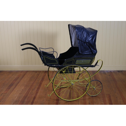 104 - A VINTAGE CHILD'S PRAM with folding hood and spoke wheels 126cm (h) x 58cm (w) x 130cm (d)