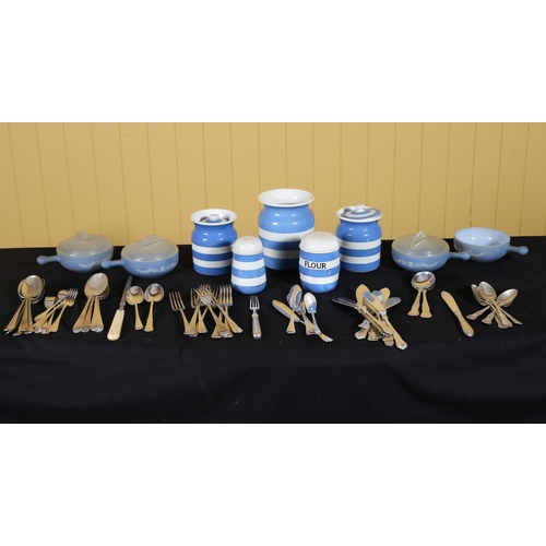 107 - A MISCELLANEOUS COLLECTION to include five pieces of vintage blue and white crockery inscribed 'Suga... 