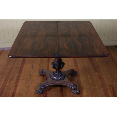 14 - A 19TH CENTURY ROSEWOOD FOLDOVER SUPPER TABLE the rectangular hinged top above a cylindrical and bul... 