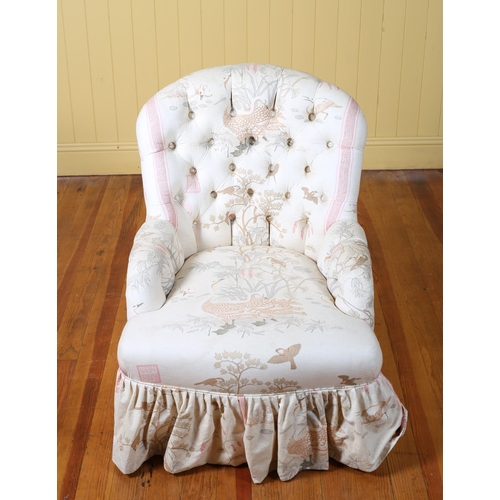 15 - A VICTORIAN STYLE UPHOLSTERED TUB SHAPED CHAIR with deep buttoned upholstered back and seat with scr... 