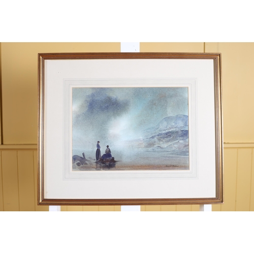 167 - EDWARD EMERSON Mountain Coastal Scene with Figures Watercolour Signed lower right 27cm (h) x 35cm (w... 