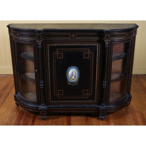 18 - A 19TH CENTURY EBONISED SATINWOOD AND GILT BRASS MOUNTED SIDE CABINET of rectangular bowed breakfron... 