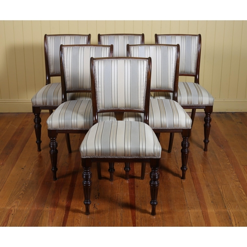 182 - A SET OF SIX VINTAGE MAHOGANY AND UPHOLSTERED DINING CHAIRS stamped 'Morison & Co. Serial No. 1134' ... 