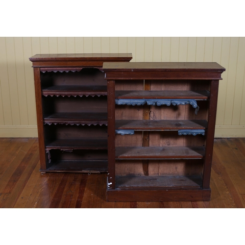 203 - TWO EDWARDIAN MAHOGANY FOUR TIER OPEN FRONT BOOKSHELVES each of rectangular outline with moulded pil... 