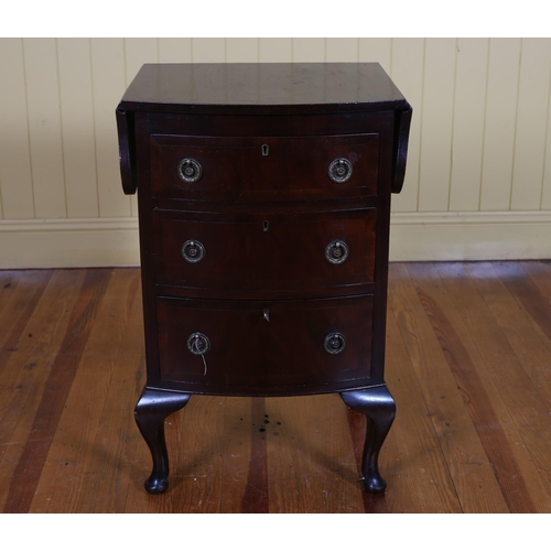 204 - A MAHOGANY CROSSBANDED DROP LEAF CHEST the serpentine hinged top above four graduated bowed drawers ... 