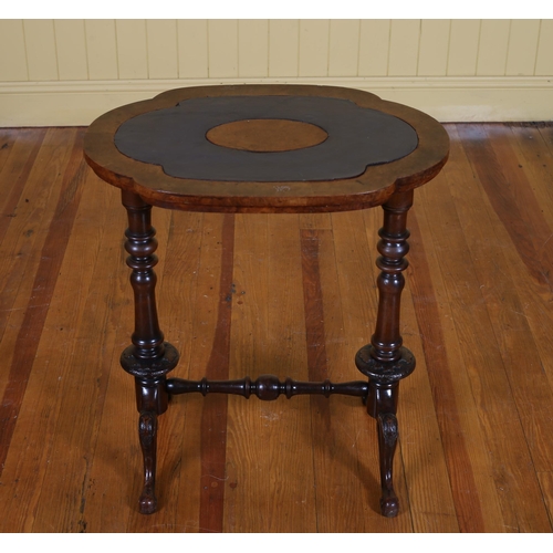 205 - A VICTORIAN WALNUT OCCASIONAL TABLE of oval outline with bevelled glass inset on baluster supports w... 