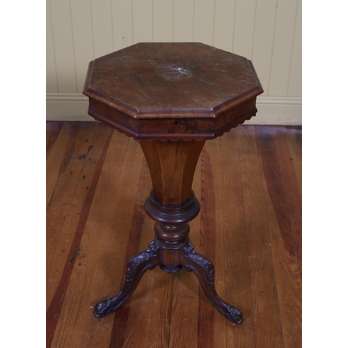 30 - A VICTORIAN BURR WALNUT AND MAHOGANY WORKBOX of octagonal outline the hinged lid containing compartm... 