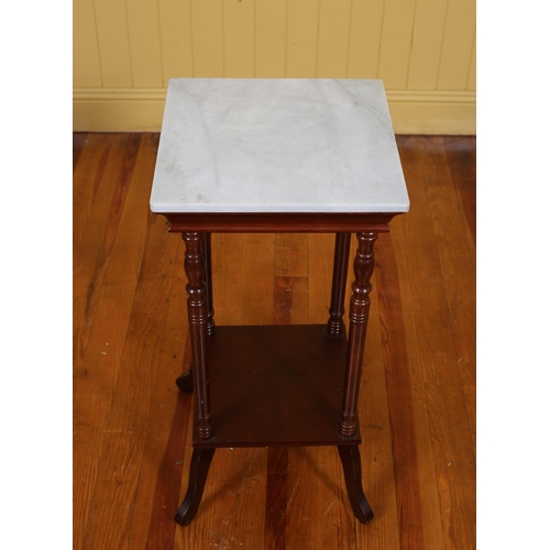 32 - A STAINED WOOD AND MARBLE TWO TIER OCCASIONAL TABLE on splayed legs 75cm (h) x 36cm (w) x 36cm (d)