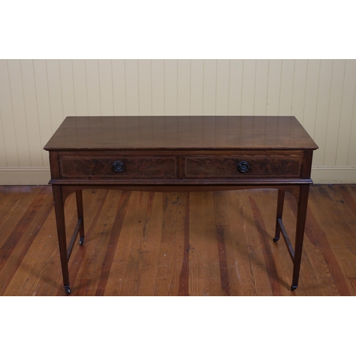 335 - AN EDWARDIAN MAHOGANY AND SATINWOOD INLAID SIDE TABLE of rectangular outline with two frieze drawers... 