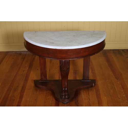 349 - A 19TH CENTURY MAHOGANY AND MARBLE TOP SIDE TABLE of demi lune outline the veined marble top raised ... 