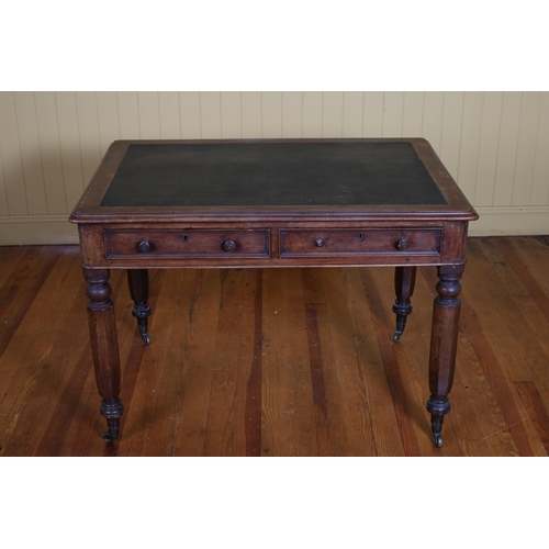 350 - A 19TH CENTURY MAHOGANY WRITING TABLE the rectangular top with rexine writing surface above two frie... 