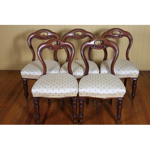 356 - A SET OF FIVE 19TH CENTURY MAHOGANY DINING CHAIRS each with a shaped top rail with upholstered seats... 