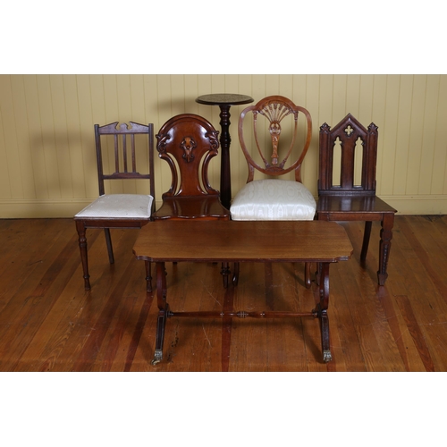 362 - A 19TH CENTURY MAHOGANY HALL CHAIR, a vintage oak gothic style hall chair, a mahogany lyre end coffe... 