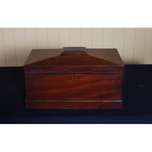 377 - A 19TH CENTURY MAHOGANY TEA CADDY of sarcophagus outline the hinged lid with hinged caddy and compar... 