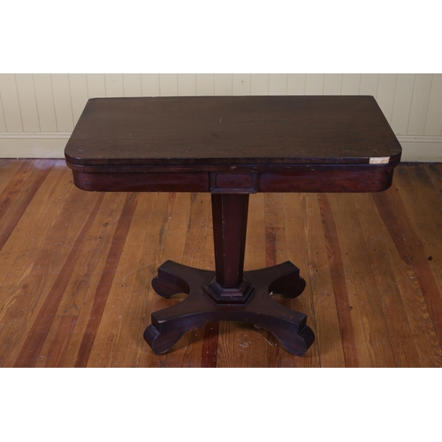 395 - A 19TH CENTURY MAHOGANY FOLDOVER CARD TABLE the rectangular hinged top with baize lined interior abo... 