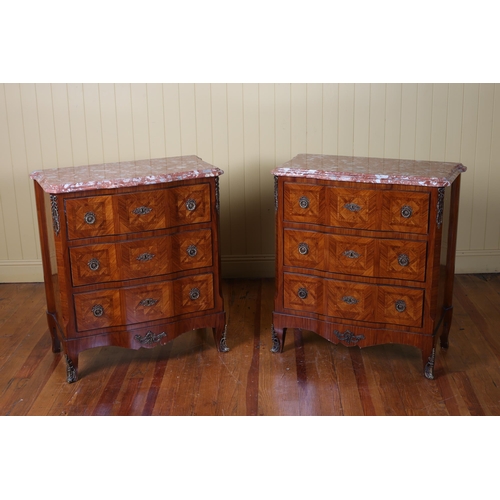 397 - A PAIR OF CONTINENTAL KINGWOOD PARQUETRY AND GILT BRASS MOUNTED CHESTS each of serpentine outline su... 