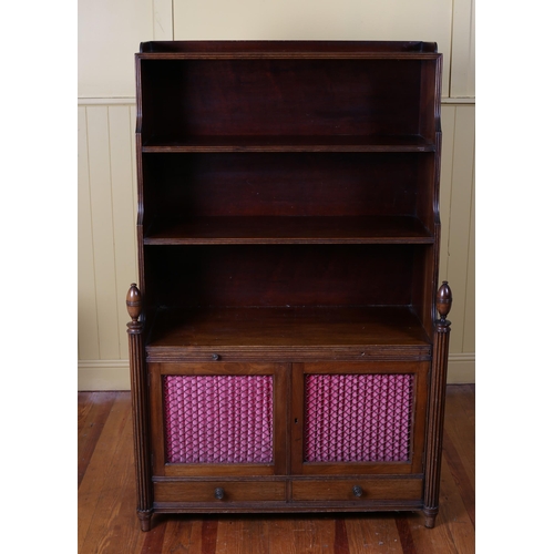 4 - A REGENCY STYLE MAHOGANY OPEN FRONT GRADUATED BOOKSHELF the stepped top above a brush and slide with... 