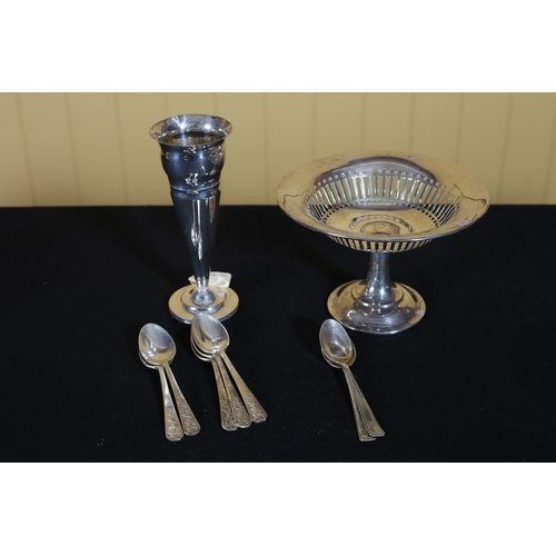 470 - A SILVER COMPORT 10cm (h) x 15cm (d), A SILVER VASE 15cm (h), A COLLECTION OF SEVEN SILVER TEASPOONS... 