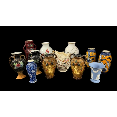 492 - A PAIR OF VINTAGE PHOENIX WARE VALENCIA VASES, a collection of Earthenware crocks, a Wedgewood vase,... 