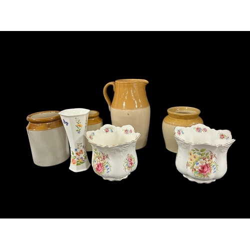 492 - A PAIR OF VINTAGE PHOENIX WARE VALENCIA VASES, a collection of Earthenware crocks, a Wedgewood vase,... 