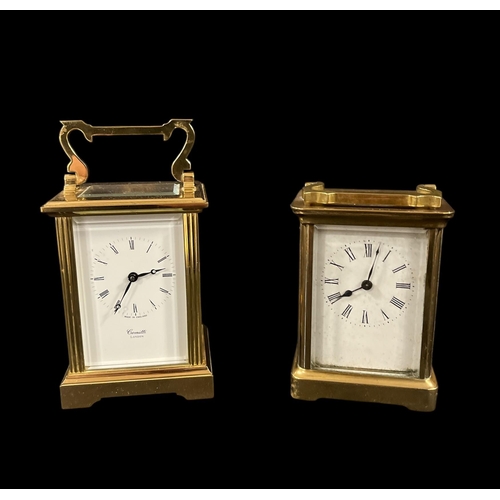 493 - A VINTAGE BRASS CARRIAGE CLOCK with enamel dial and Roman numerals 10cm (h) x 7.5cm (w), A BRASS CAR... 