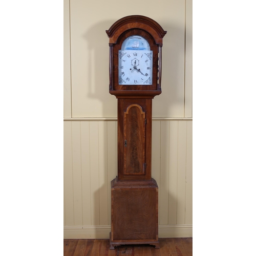 59 - A 19TH CENTURY MAHOGANY AND SATINWOOD CROSSBANDED LONG CASED CLOCK the rectangular arched hood with ... 