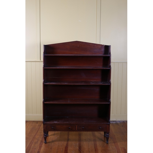 72 - A 19TH CENTURY MAHOGANY GRADUATED OPEN FRONT BOOKSHELF with two frieze drawers on turned legs 170cm ... 