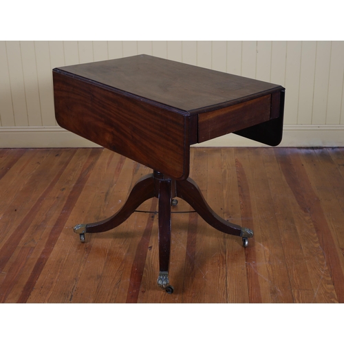 78 - A 19TH CENTURY MAHOGANY DROP LEAF TABLE the rectangular hinged top with frieze drawer above a balust... 