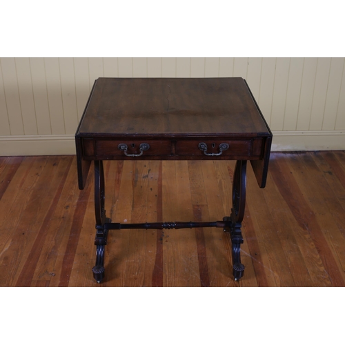 84 - A GEORGIAN STYLE MAHOGANY SOFA TABLE bears stamp 'J. Dooley & Sons' the rectangular hinged top with ... 