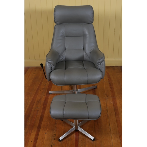 98 - A CONTEMPORARY GREY UPHOLSTERED AND CHROME SWIVEL CHAIR with foot stool en suite