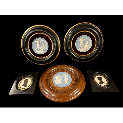 497 - A PAIR OF SILHOUETTES in ebonised frames, a Jasperware plaque in hardwood frame a roundel, a pair of... 