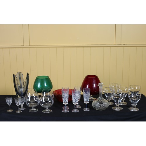 324 - A SET OF SIX OYSTER OR FRUIT COCKTAIL GLASSES,  a set of five Cavan Crystal champagne flutes, a smok... 