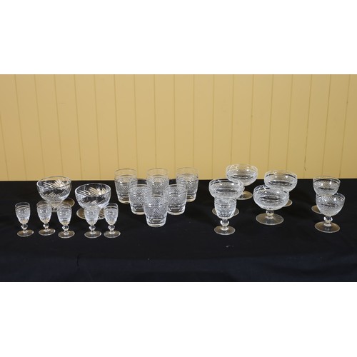 323 - A SET OF SIX WATERFORD CUT GLASS TUMBLERS, five Waterford cut glass shot glasses, sundae dishes, etc... 