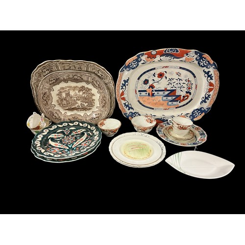 502 - A COLLECTION OF CHINA to include six ironstone meat platters, lidded terrines, part tea sets, etc.