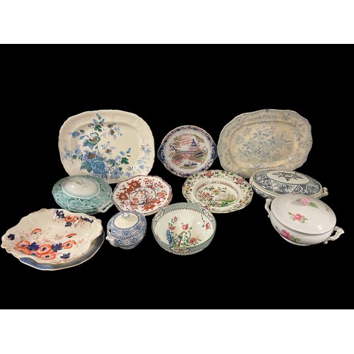 502 - A COLLECTION OF CHINA to include six ironstone meat platters, lidded terrines, part tea sets, etc.