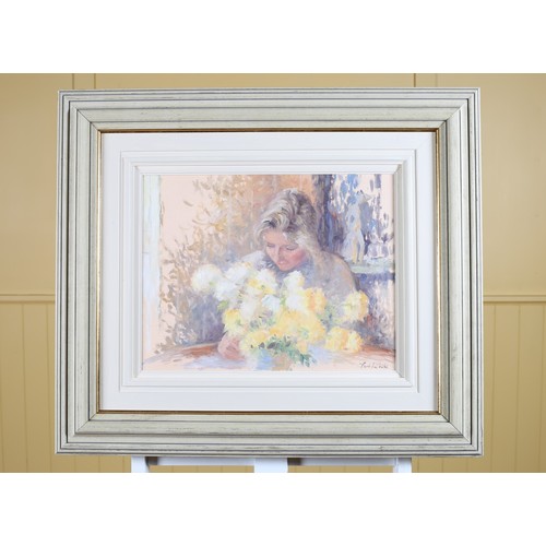 535 - TOM ROCHE Flower Arranging Oil on canvas Signed lower right 35cm (h) x 44cm (w)