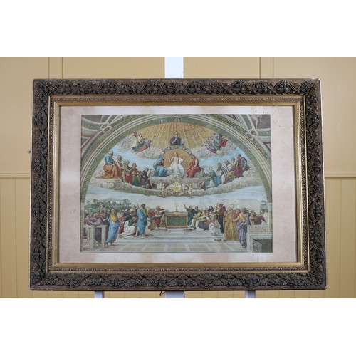 536 - A VINTAGE COLOURED PRINT Disputation of the Holy Sacrament In giltwood and gesso frame 67cm (h) x 90... 