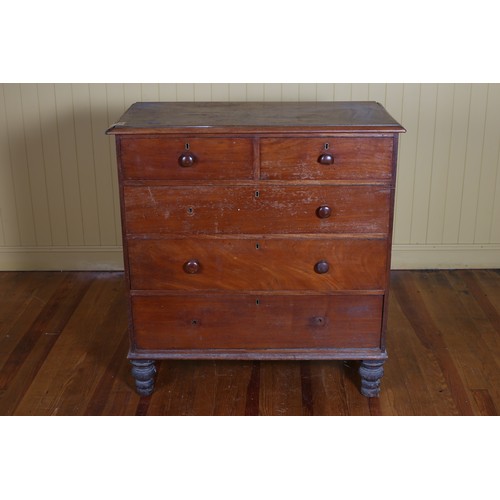 554 - A 19TH CENTURY MAHOGANY CHEST of two short and three long drawers on turned legs 106cm (h) x 102cm (... 