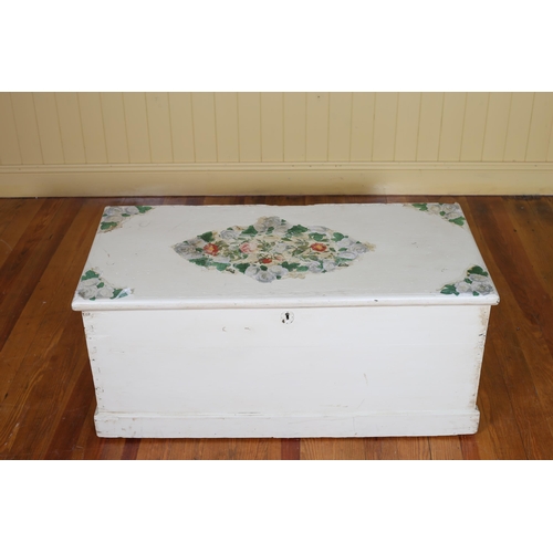 267 - A PINE CREAM PAINTED TRUNK the rectangular hinged lid with floral transfer raised on a platform supp... 