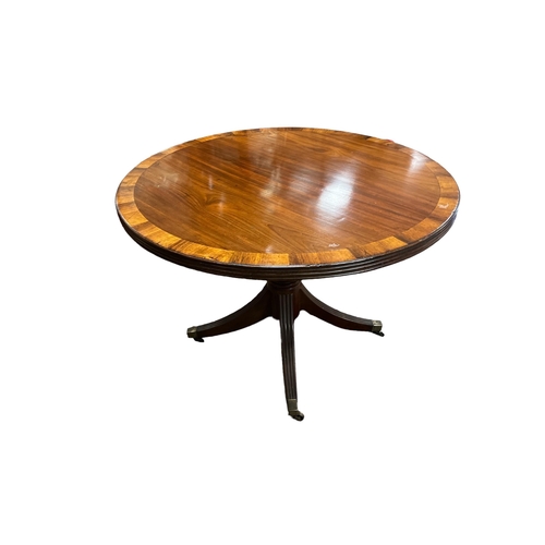 671 - A GEORGIAN MAHOGANY AND ROSEWOOD CROSSBANDED POD TABLE with spiral twist column on quadruped reeded ... 