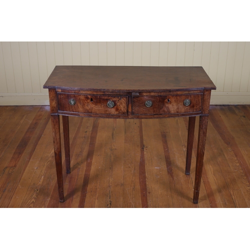 10 - A GEORGIAN MAHOGANY SIDE TABLE of rectangular bowed outline the shaped top with two frieze drawers, ... 