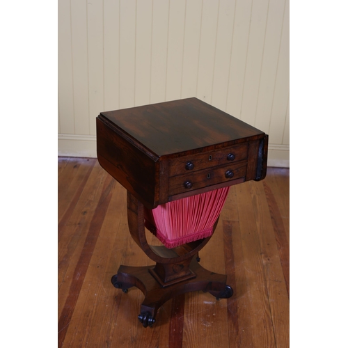 11 - A 19TH CENTURY ROSEWOOD WORK BOX the rectangular hinged top above two frieze drawers with work baske... 