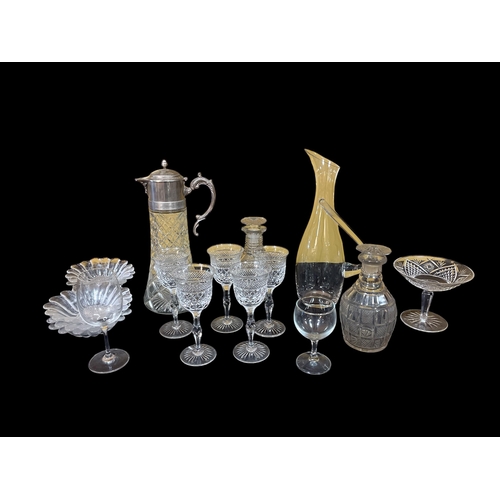 129 - A COLLECTION OF GLASSWARE to include a set of five Thomas Webb wine glasses, a cut glass and plate c... 