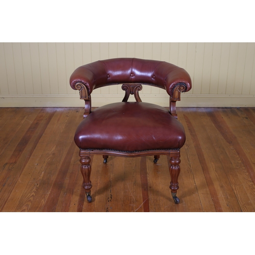 13 - A WILLIAM IV MAHOGANY AND HIDE UPHOLSTERED TUB SHAPED LIBRARY CHAIR with buttoned upholstered back a... 