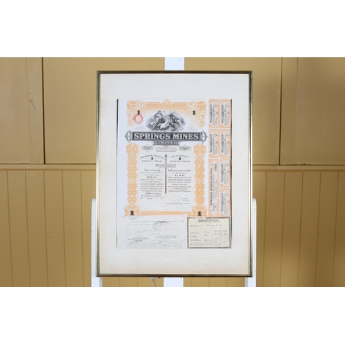 145 - SPRINGS MINES LIMITED South Africa A Framed Certificate 45cm (h) x 33cm (w)