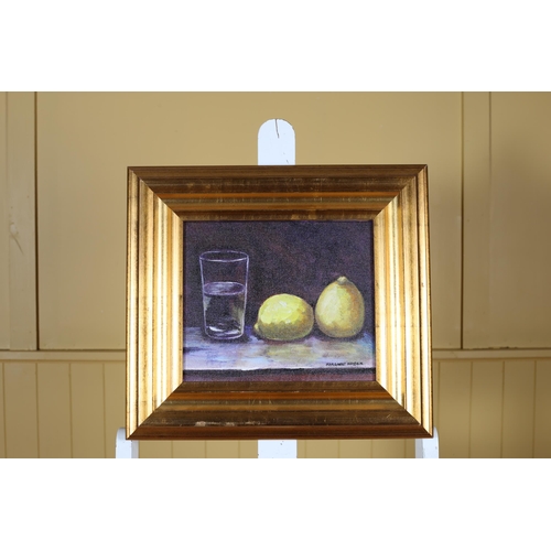 148 - MARGARET HAYDEN Still Life, Lemons in a Glass on a Table Oil on canvas Signed lower right 25cm (h) x... 