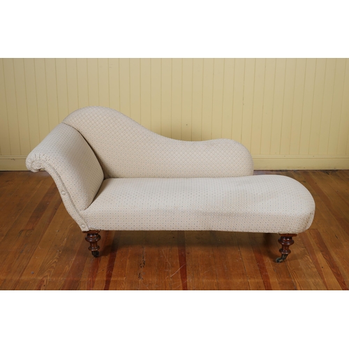 16 - A 19TH CENTURY MAHOGANY AND UPHOLSTERED CHAISE LONGUE with scroll over back and shaped arm on balust... 